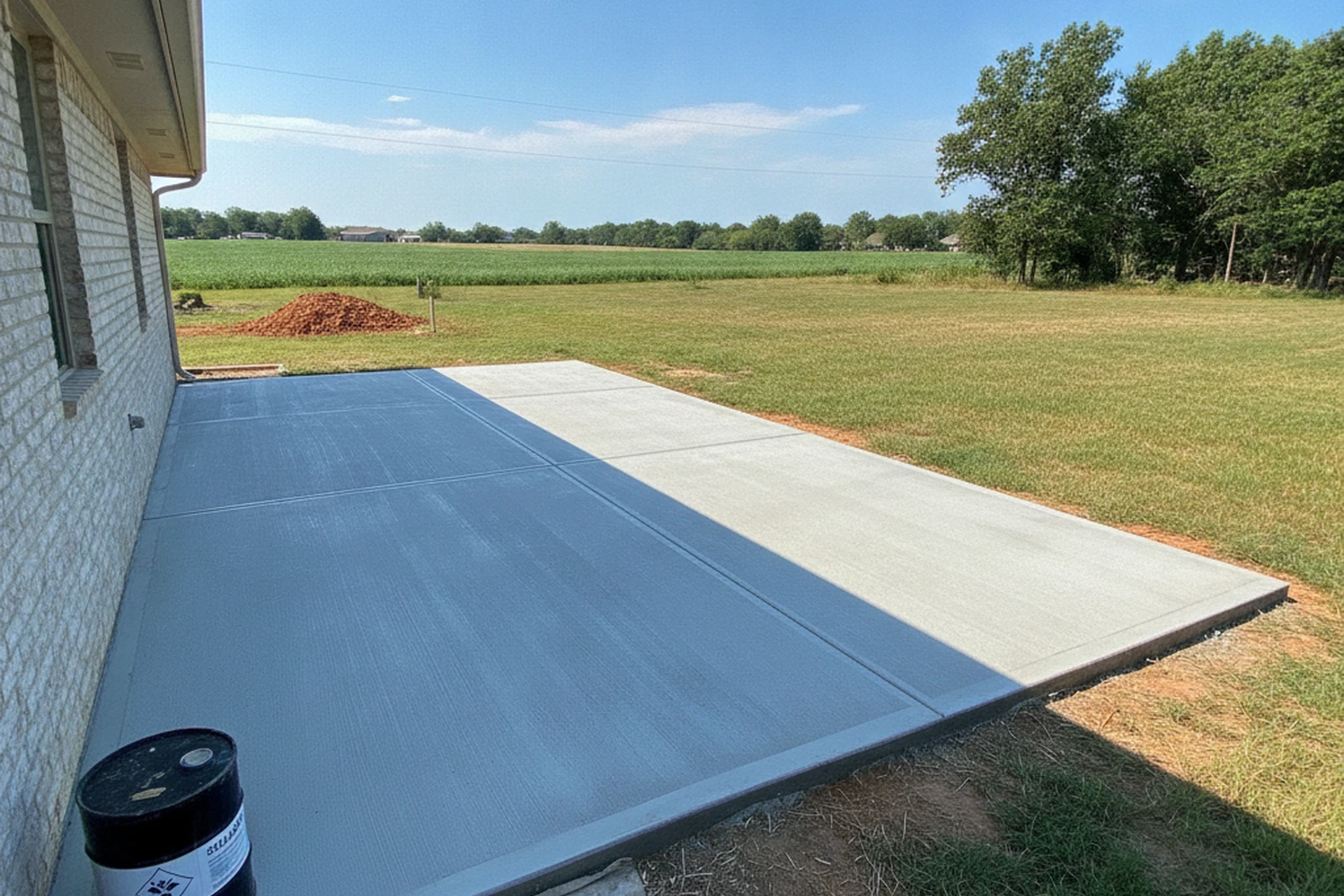 Completed concrete patio Ardmore Oklahoma Carter County broom finish sealed UV residential drainage pitched foundation