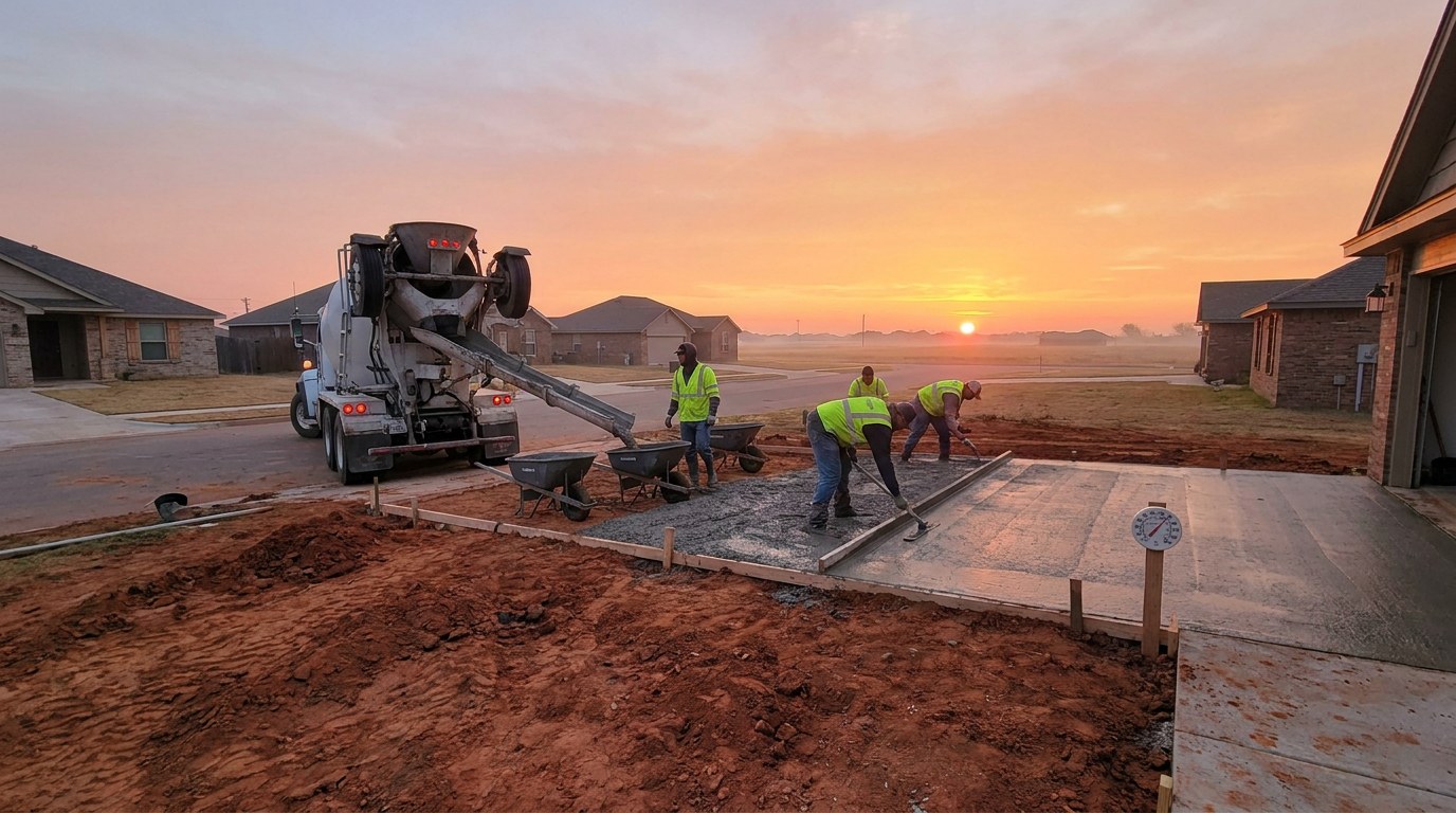 Early morning concrete pour in Ardmore Oklahoma Carter County summer heat management driveway installation