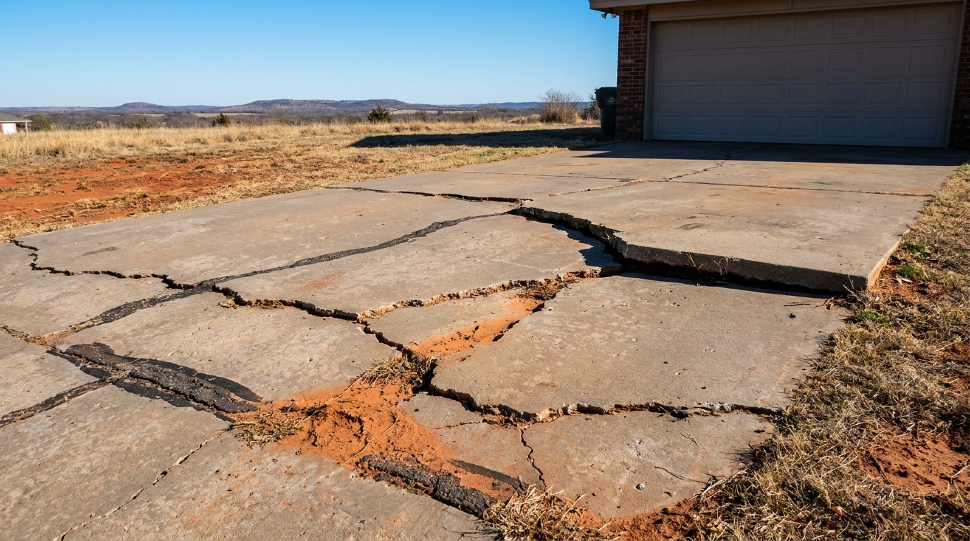 Red clay cracked concrete driveway in Ardmore Oklahoma Carter County shrink-swell soil failure summer heat