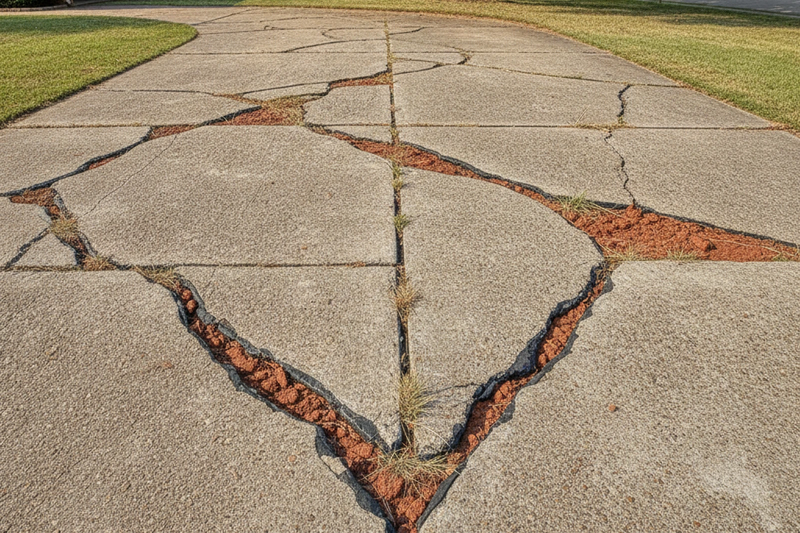 Red clay cracked concrete driveway Ardmore Oklahoma Carter County shrink-swell soil failure summer heat movement